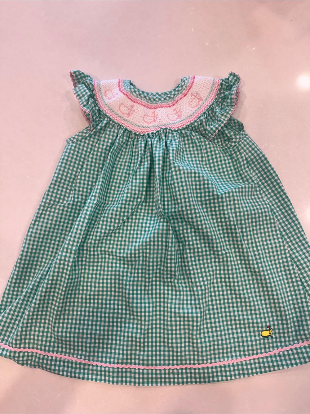 Masters Green Gingham Smocked Collar Dress with Pink Trim